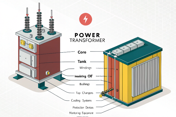 Power [transformer components](https://transformermfg.net/blog/power-transformer-components/) labeled