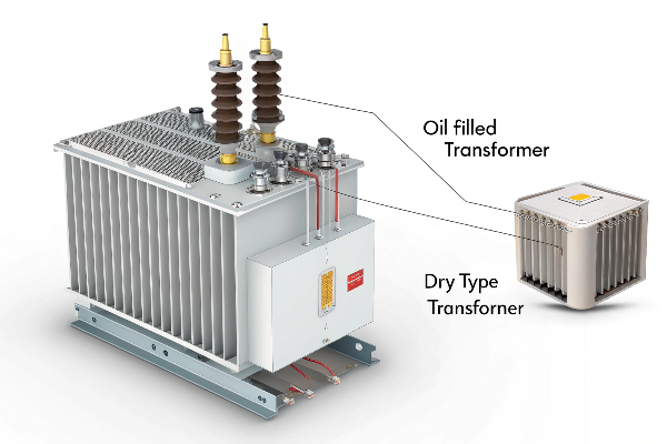 Oil-filled transformer next to dry type transformer
