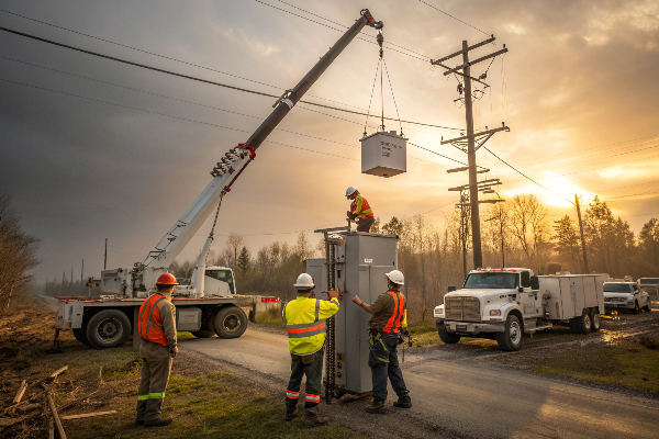 Emergency crew replacing damaged transformer crews replacing damaged transformer