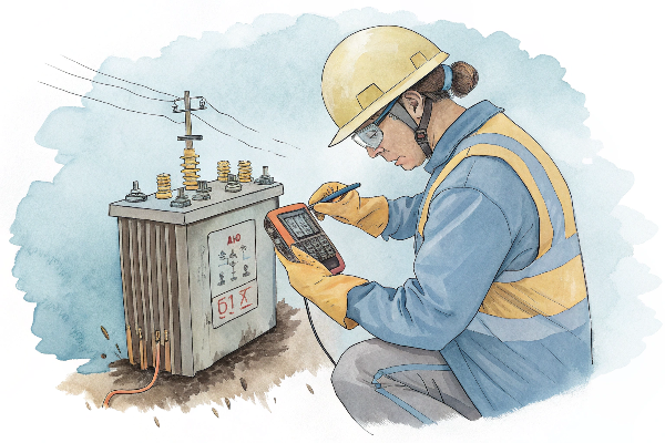 technician inspecting an aging cast resin transformer